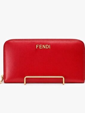 Fendi Red Leather Zip Wallet FF Logo Gold Hardware